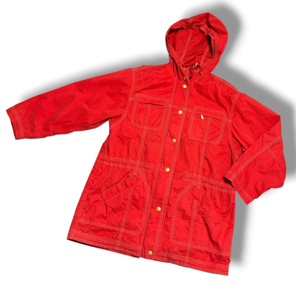 Vintage 90s Escada Sport Jacket Red Cotton Hooded Utility Parka Sz S